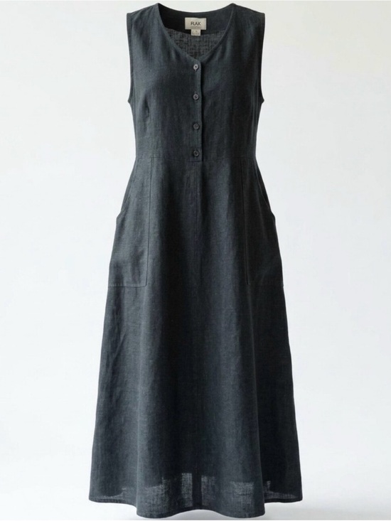 Flax Dresses & Skirts - Vintage FLAX Jeanne Engelhart 100% Linen Grey Maxi Dress Button Front Pockets M
